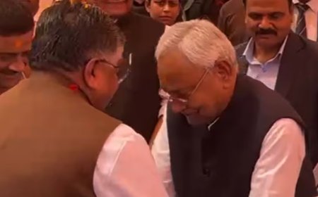 बीजेपी सांसद के पैर छूने के लिए झुके सीएम नीतीश,रविशंकर प्रसाद ने लगाया गले, VIDEO हुआ वायरल