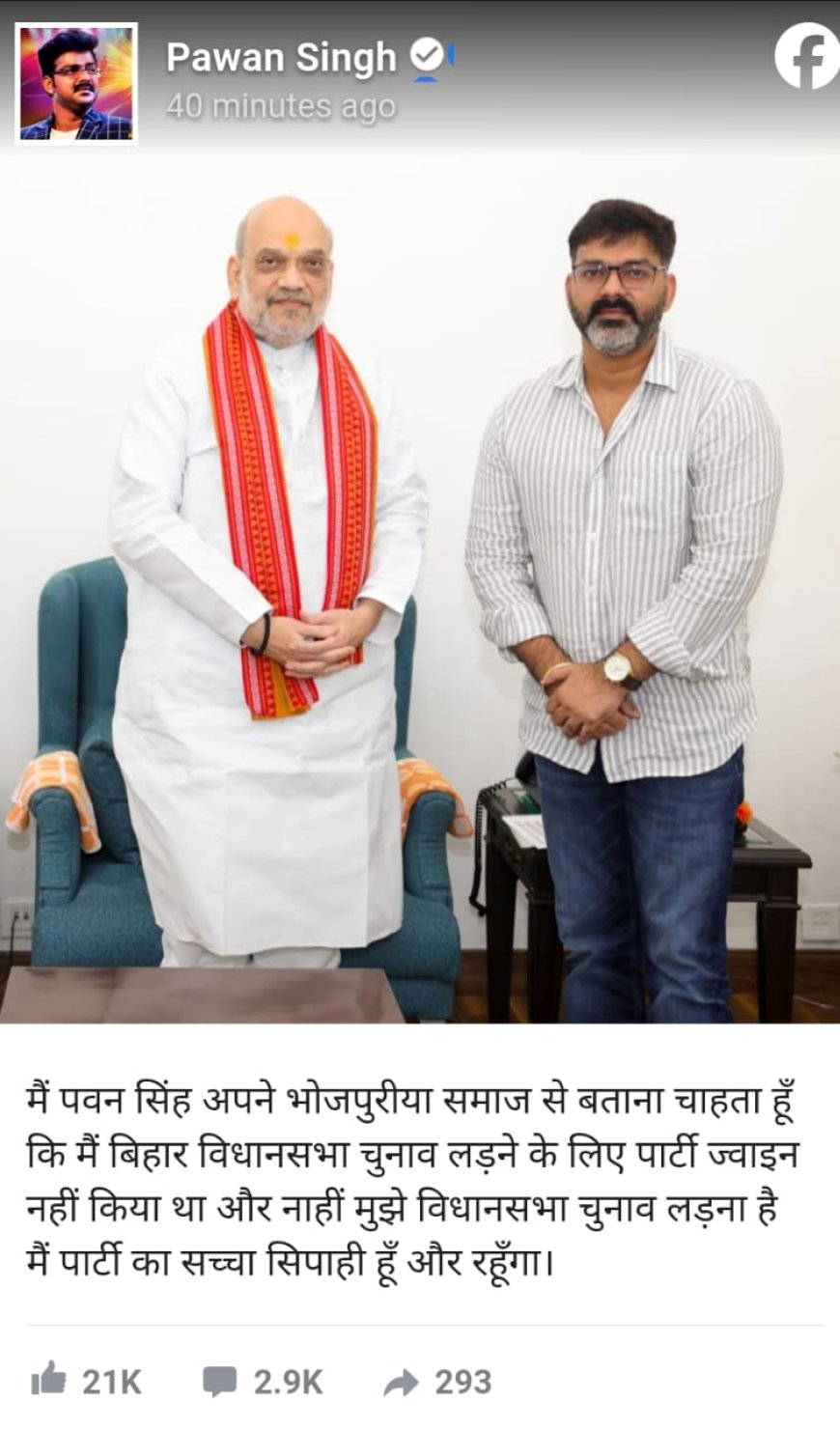 भोजपुरी स्टार पवन सिंह का बड़ा ऐलान- नहीं लड़ेंगे बिहार विधानसभा चुनाव!,बोले-मैं पार्टी का सच्चा सिपाही हूं और हमेशा रहूंगा