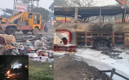यूपी के बलरामपुर में भीषण सड़क हादसा: ट्रक से टक्कर के बाद बस में आग, 3 की जलकर मौत, 24 यात्री झुलसे