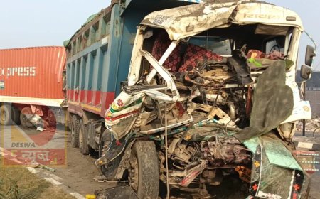 बख्तियारपुर–मोकामा फोरलेन पर कोहरे का कहर, 3 भारी वाहनों की भीषण टक्कर, हाइवा के उड़े परखच्चे