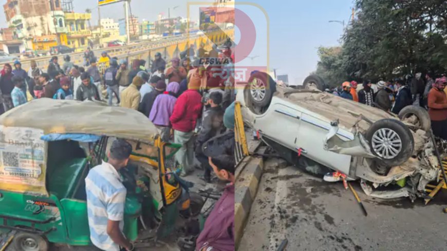 गांधी मैदान ट्रैफिक थाना क्षेत्र में बड़ा एक्सीडेंट, कार–ऑटो की टक्कर,डिवाइडर तोड़ते हुए बीच सड़क पर गिरी