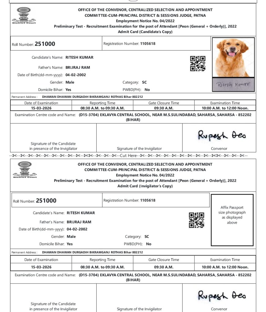 रोहतास - एडमिट कार्ड में अभ्यर्थी की जगह कुत्ते की तस्वीर, परीक्षा से पहले मचा हड़कंप,बोर्ड से की शिकायत
